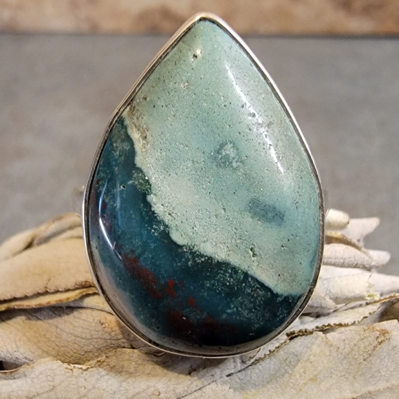 Vintage Jewelry - Native Petrified Wood Blue Opal Gemstone Ring 9.25 Sterling Silver 925 Boho Mod